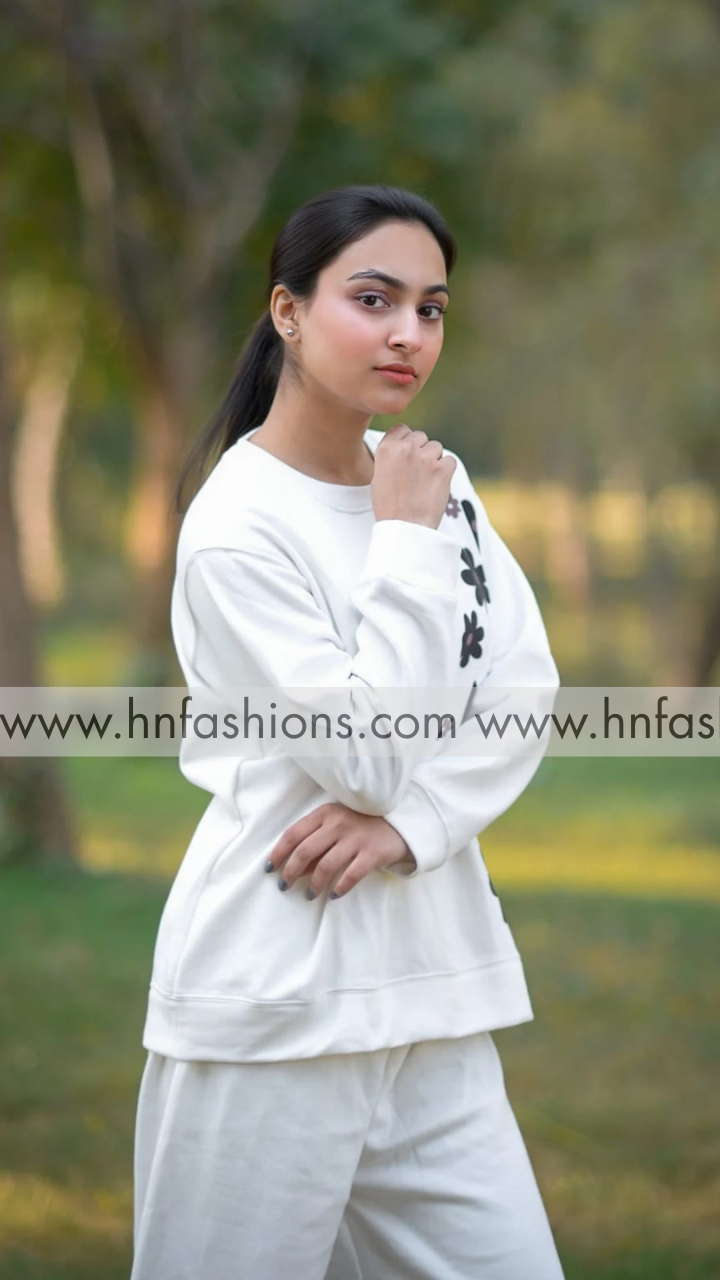 White Sunflower Printed Fleece Co-ord Set