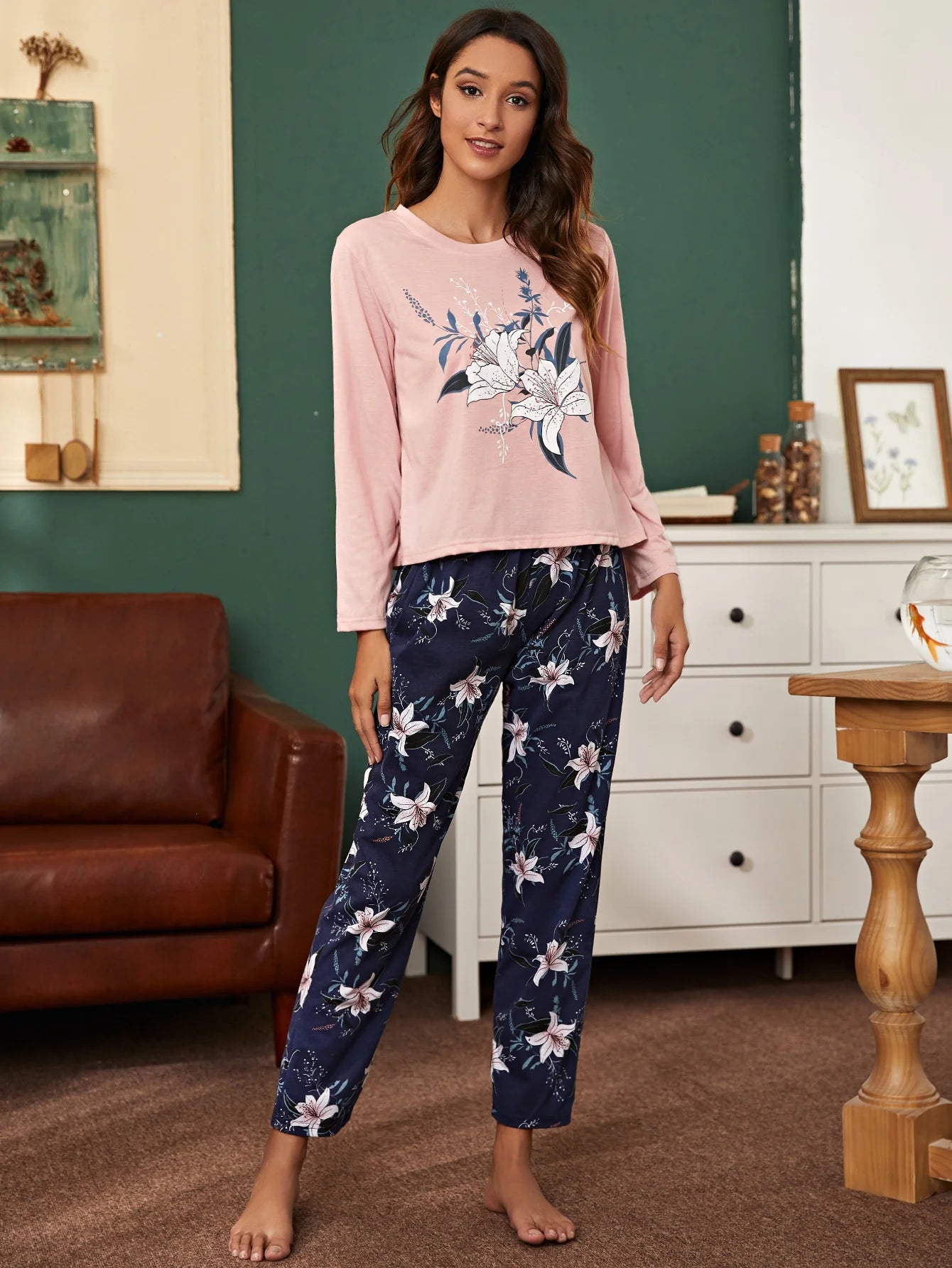 Pink Leaf Printed Night Suit