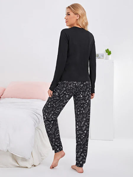 Black I Love Sunday Funday Printed Night Suit