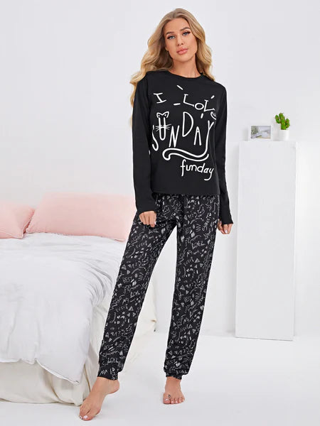 Black I Love Sunday Funday Printed Night Suit