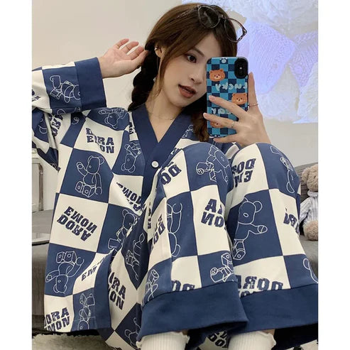 Blue with White Doraemon V-Neck Button Printed Night Suit