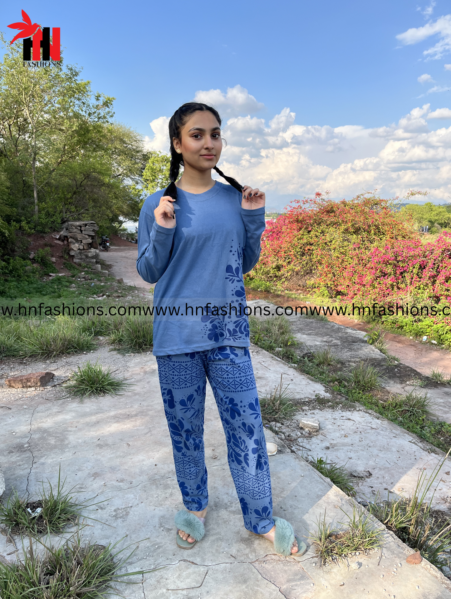 Sky Blue Leaves Printed Night Suit