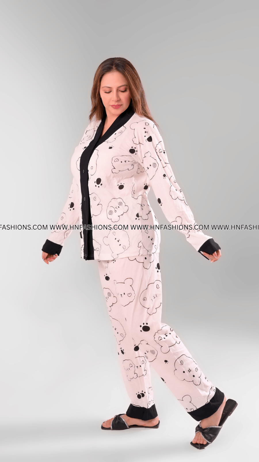 Cream With Black Bears V-Neck Button Printed Night Suit