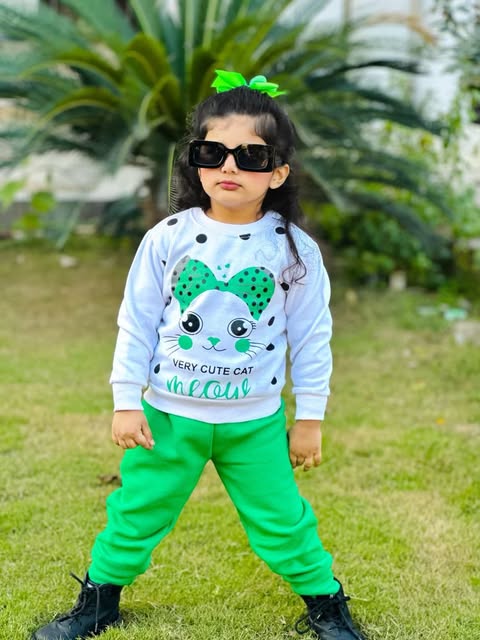 White Meow Printed Sweatshirt With Trouser For Kids