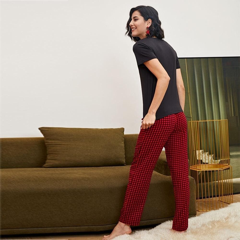 Black And Red Checkered Round Neck Pajama Night Suit