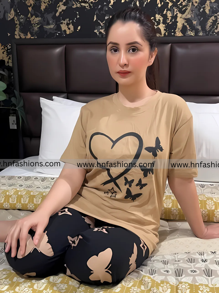 Heart & Butterfly Printed Night Suit