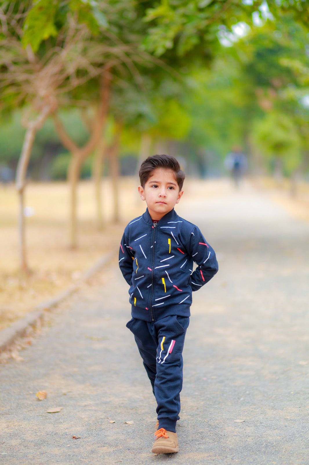 Kids Blue Printed Zipper Jacket With Trouser (2 Piece)