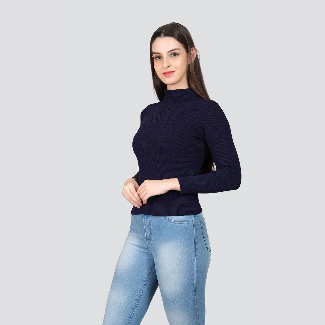 Women Navy Blue Cotton Solid High Neck Tunic main image 1