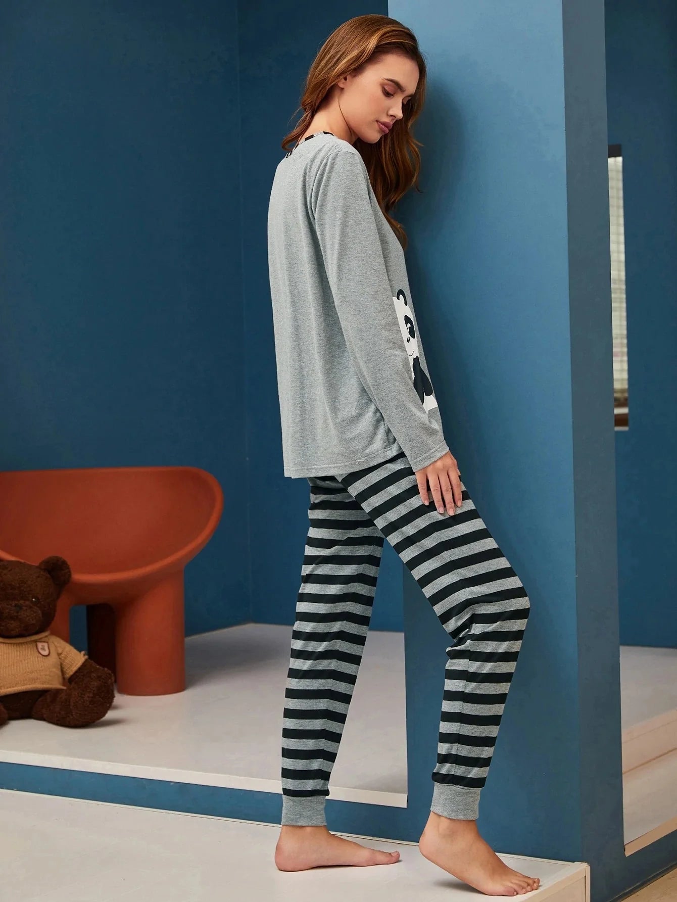 Check Panda Printed Night Suit