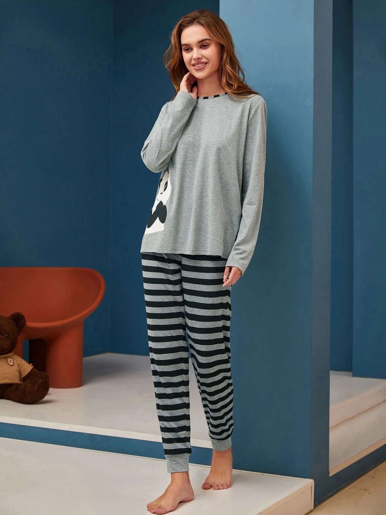 Check Panda Printed Night Suit
