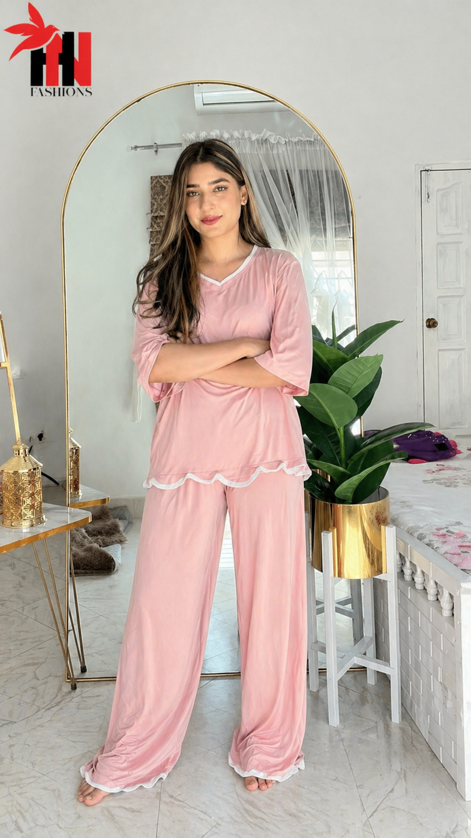 Rose Pink Half Sleeves Plazzo PJ Set