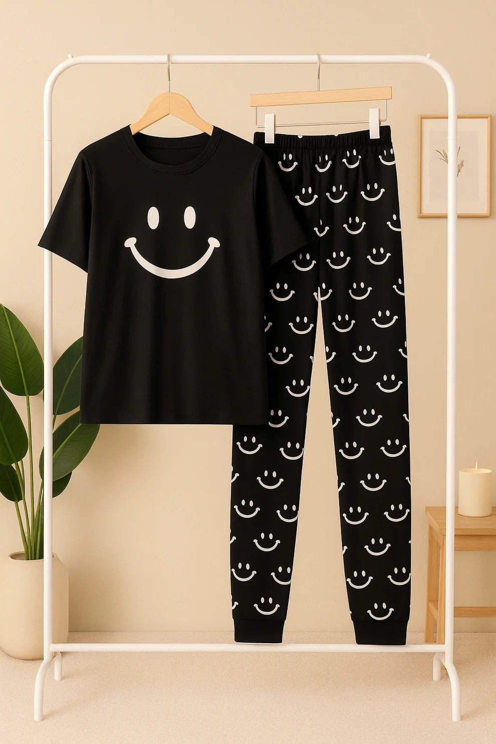 Black Smiley Printed Night Suit