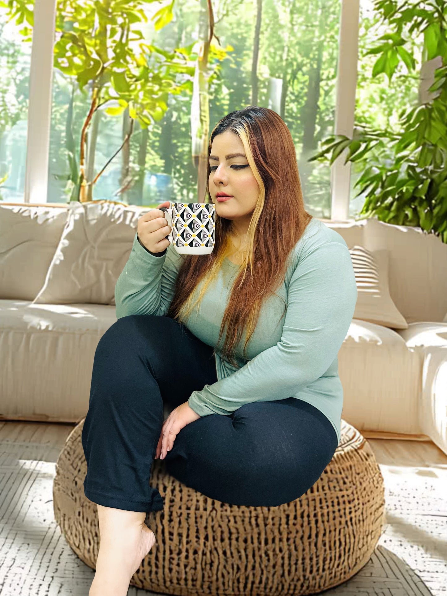 Sea Green With Black V-Neck Plazzo Suit PJ Set