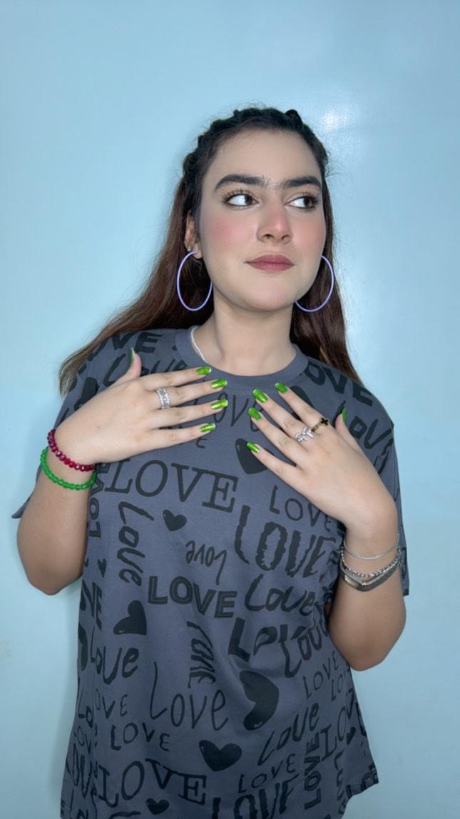 Charcoal Drop Shoulder Love Printed Night Suit