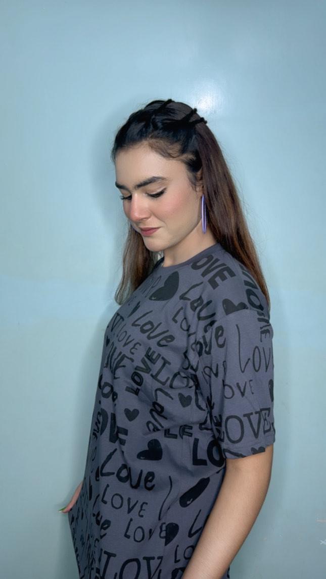 Charcoal Drop Shoulder Love Printed Night Suit