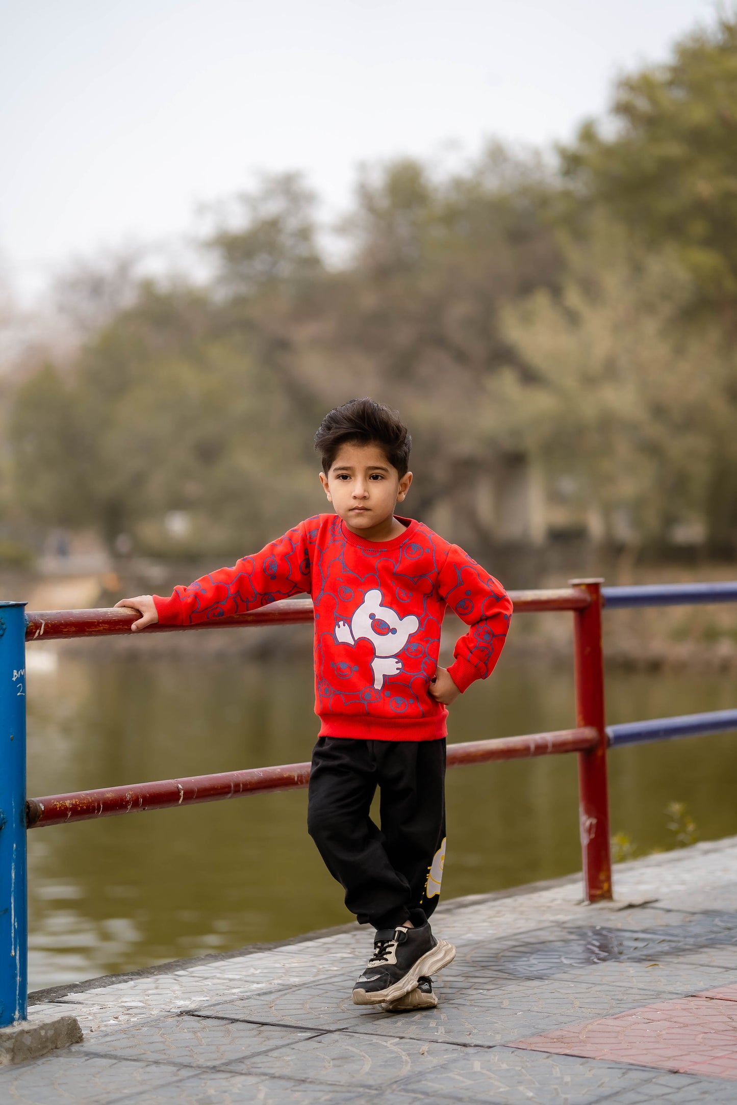 Red Bears Print Sweatshirt With Trouser For Kids (2 Piece)