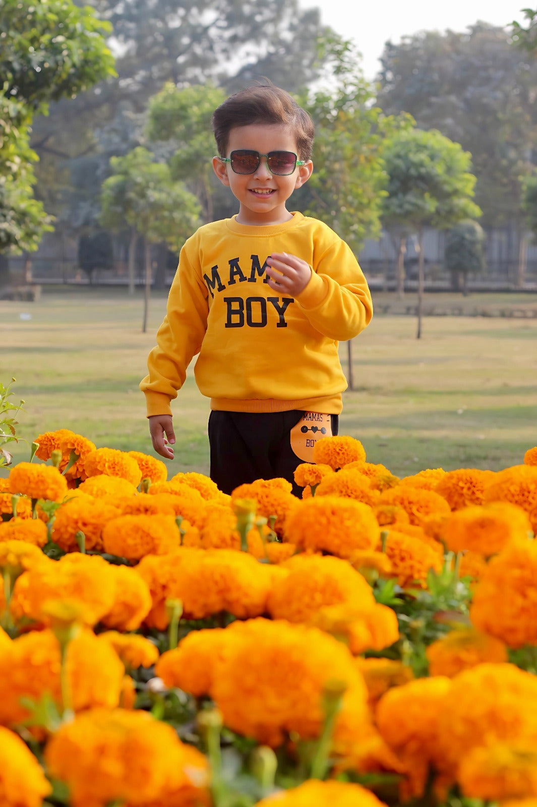 Yellow Mama's Boy Printed Sweatshirt With Trouser For Kids