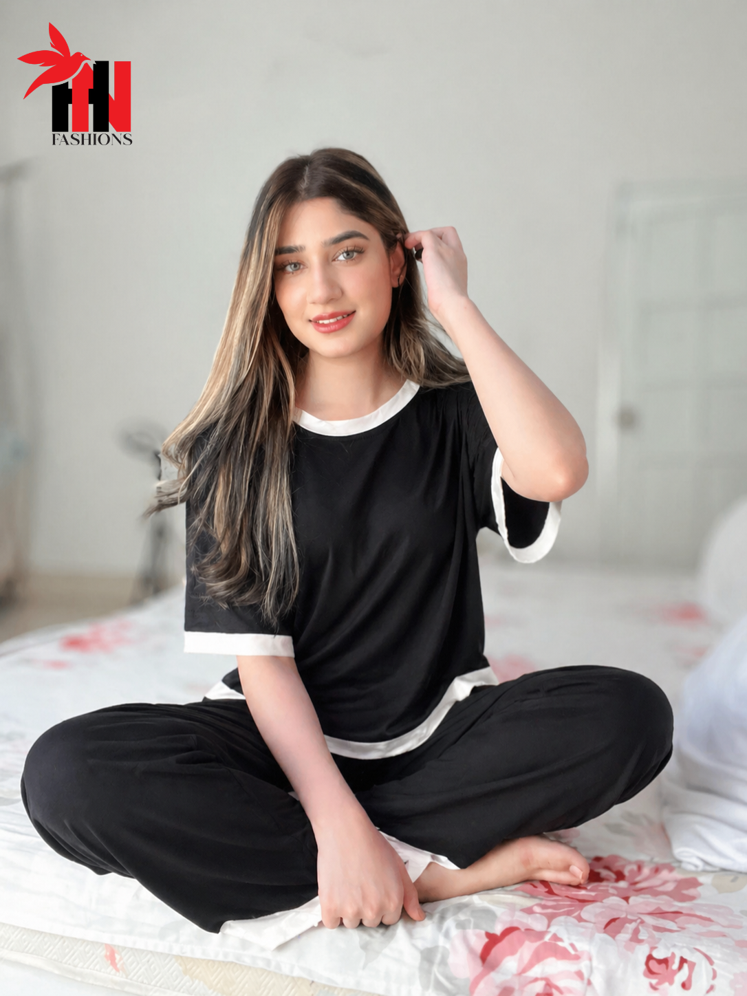 Black White Round Neck Plazzo PJ Set