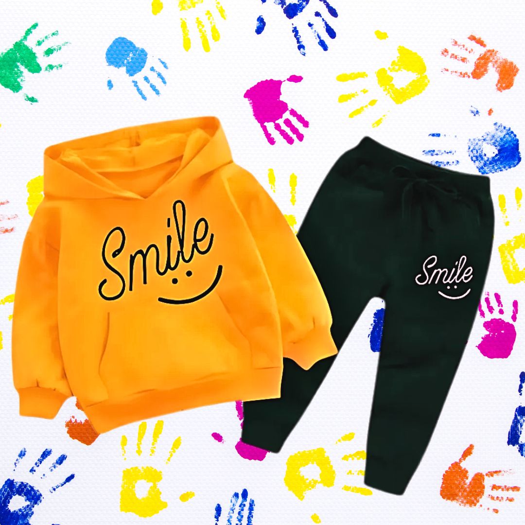 Orange Smiley Printed Hoodie With Trouser For Kids