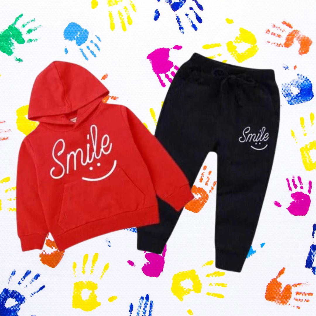 Red Smiley Printed Hoodie With Trouser For Kids