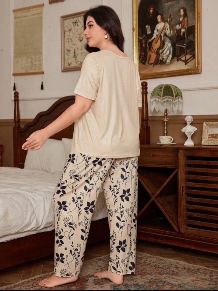 White & Black Leaves Printed Night Suit Half Sleeves