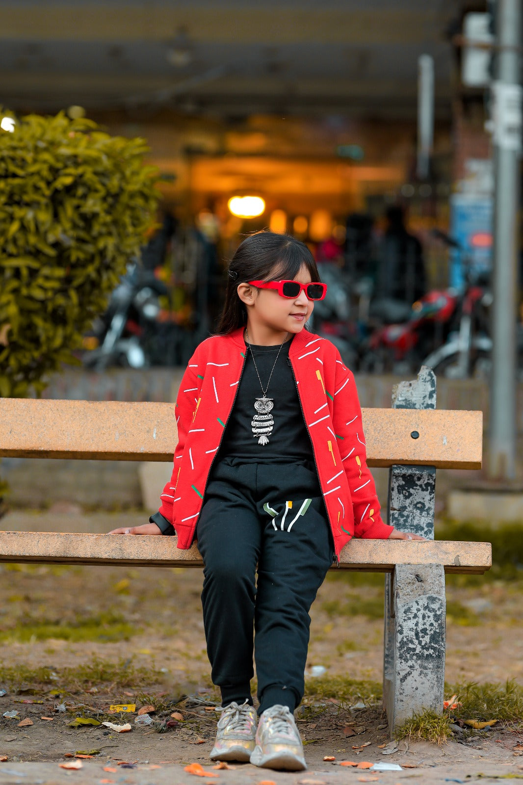 Kids Red Printed Zipper Jacket With Trouser (2 Piece)