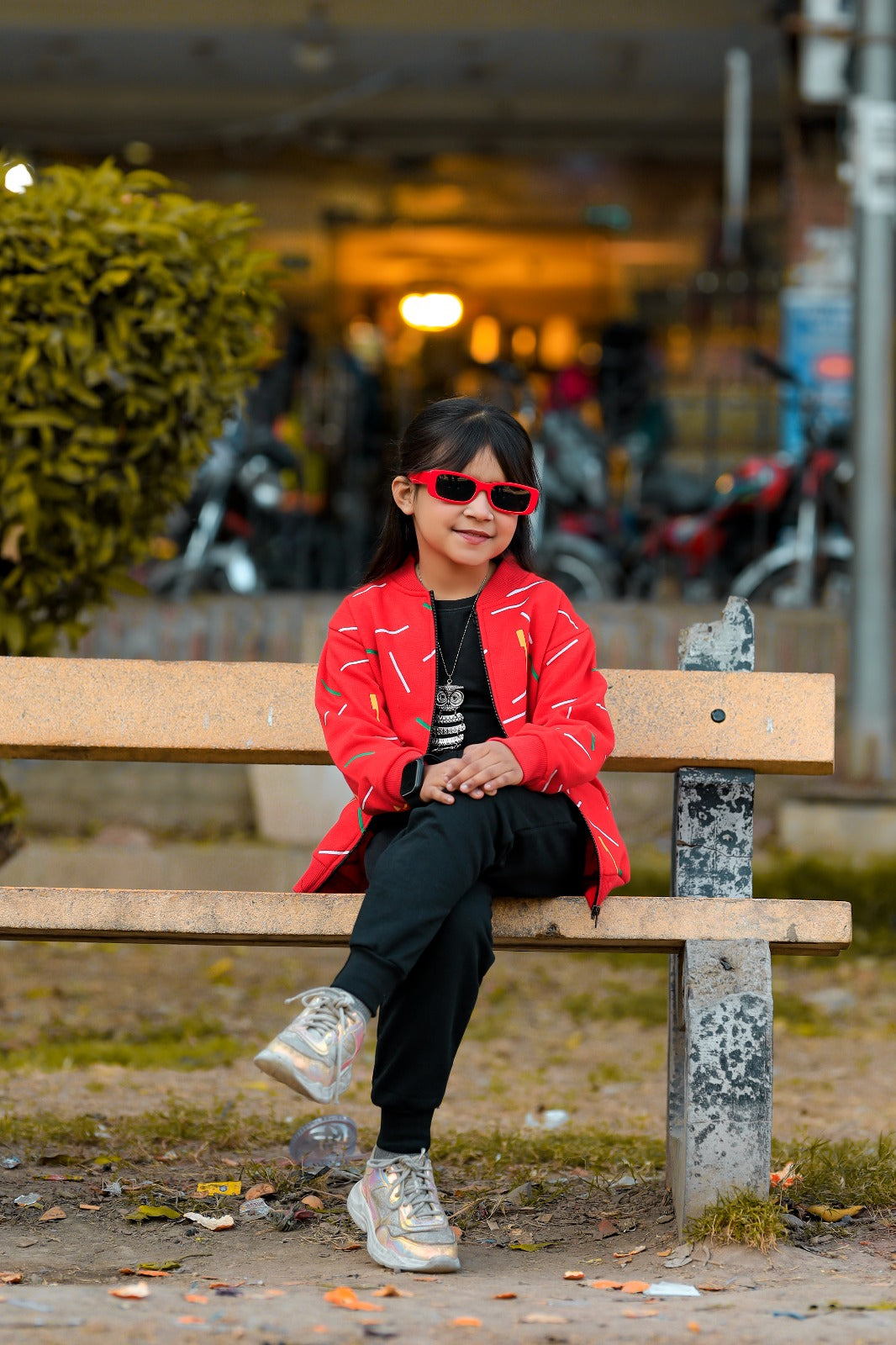 Kids Red Printed Zipper Jacket With Trouser (2 Piece)