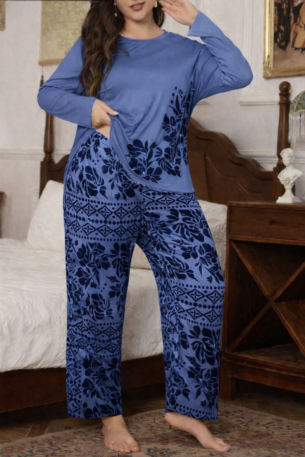 Sky Blue Leaves Printed Night Suit