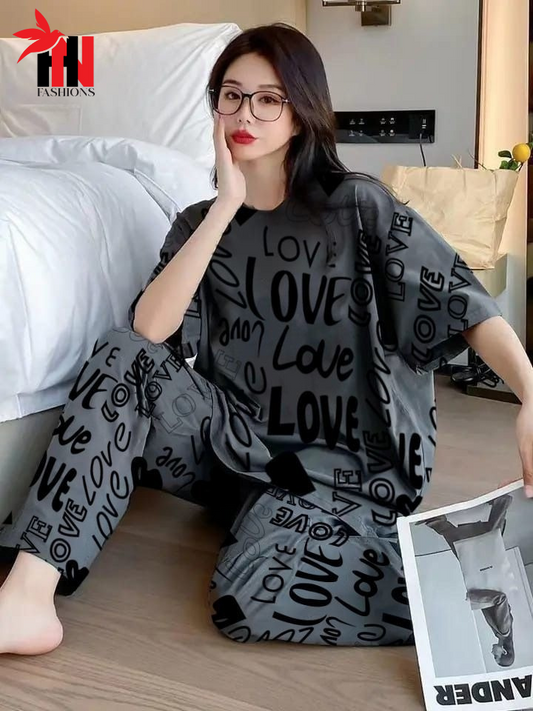 Charcoal Drop Shoulder Love Printed  Night Suit