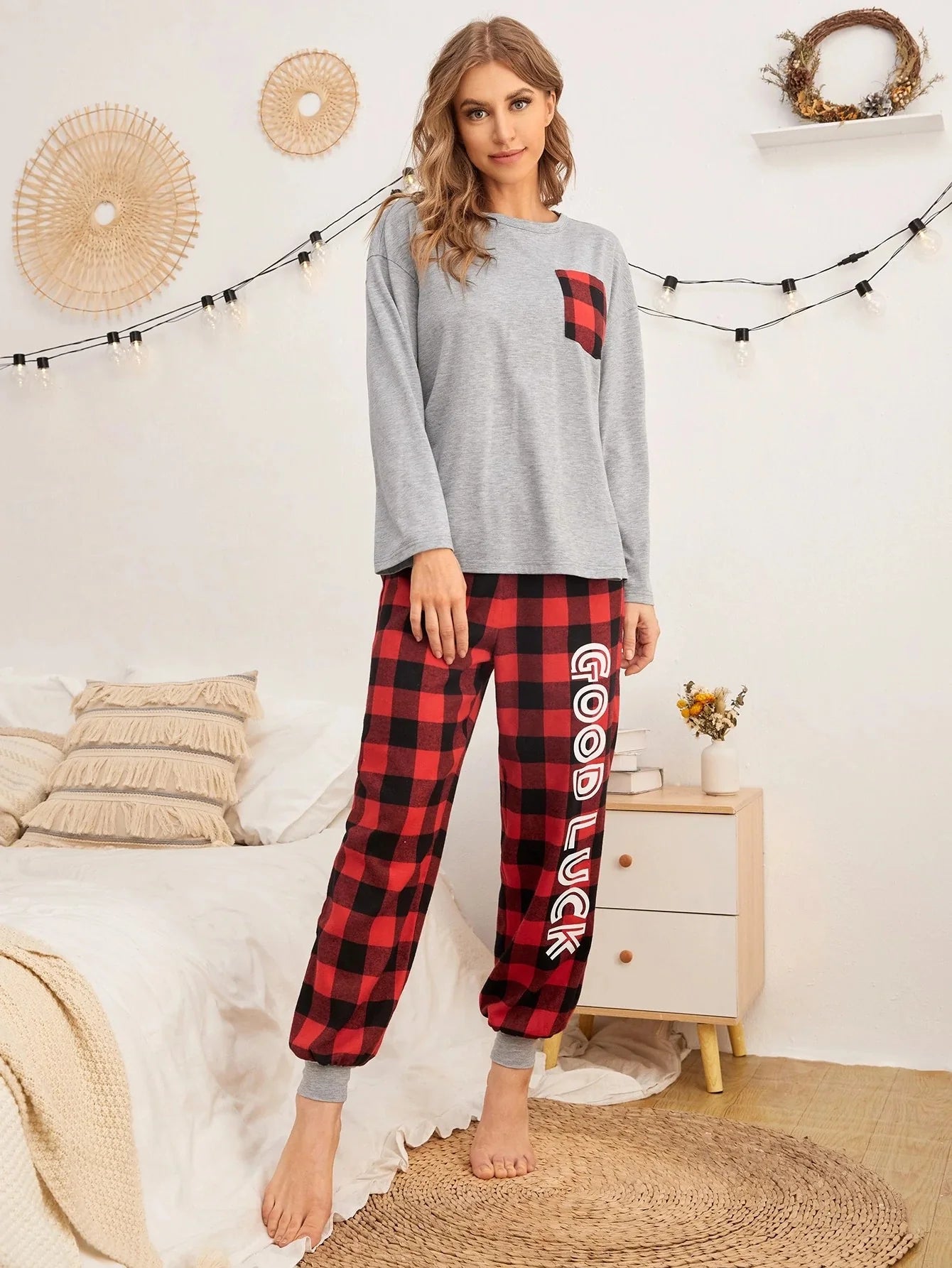 Red Good Luck Checkered Night Suit