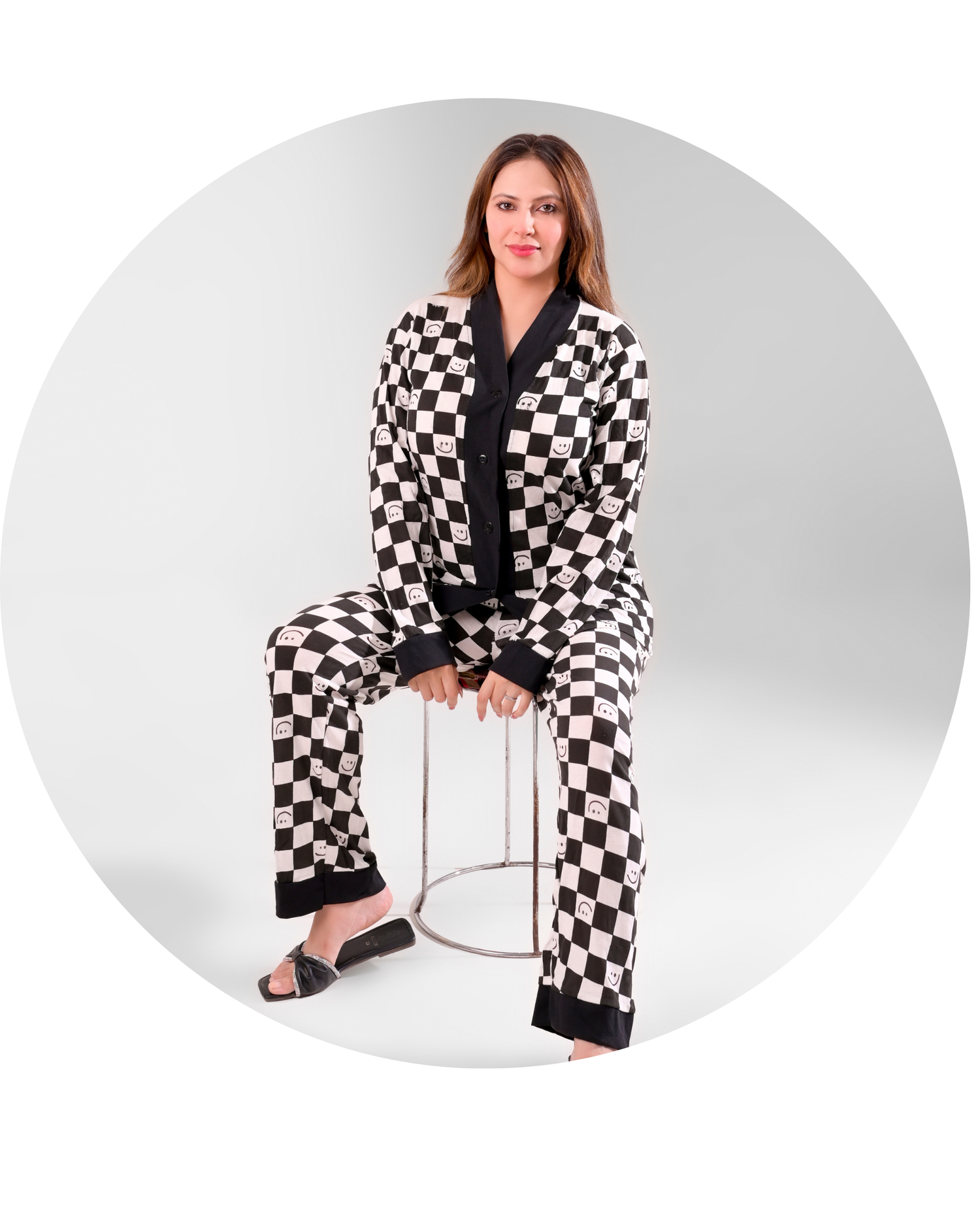 V_Neck Button Printed Nightwear