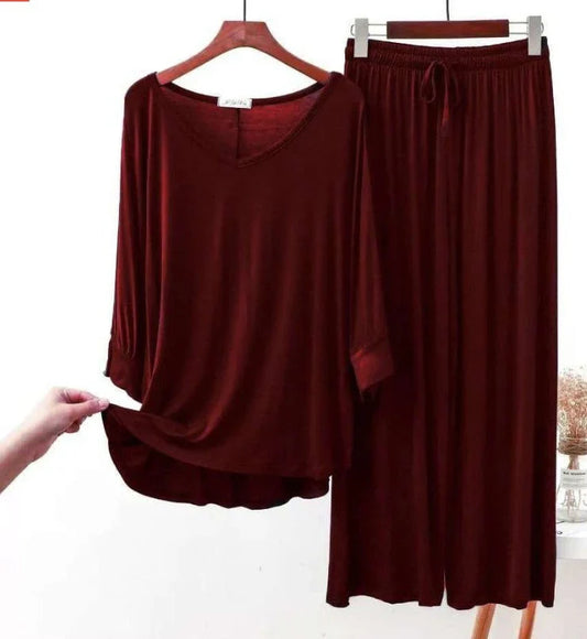 V-Neck Maroon Plazzo Suit PJ Set