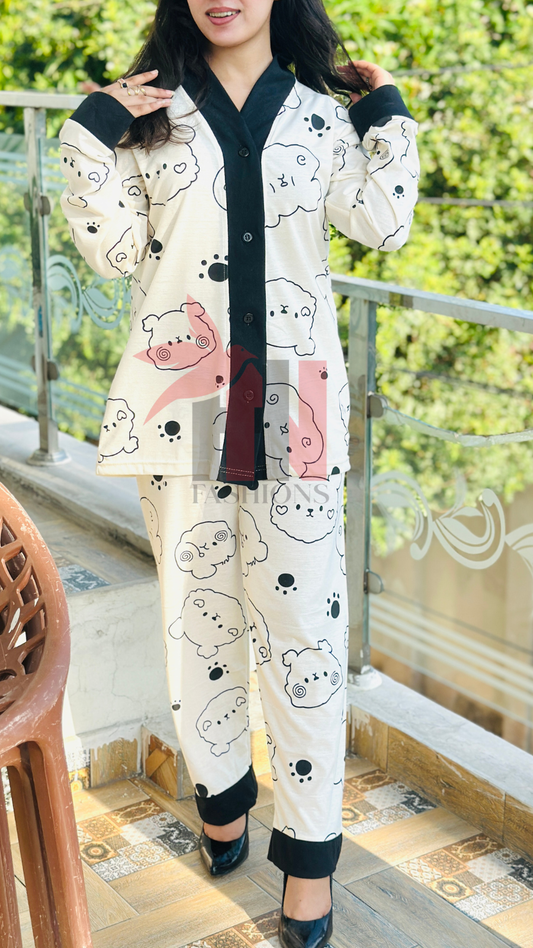 Cream With Black Bears V-Neck Button Printed Night Suit
