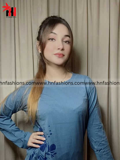 Sky Blue Leaves Printed Night Suit