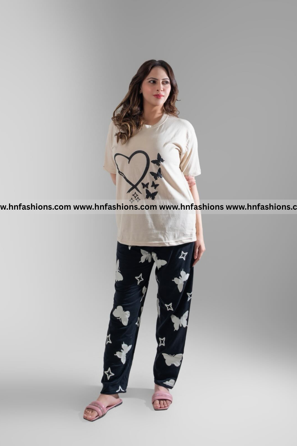 Heart & Butterfly Printed Night Suit