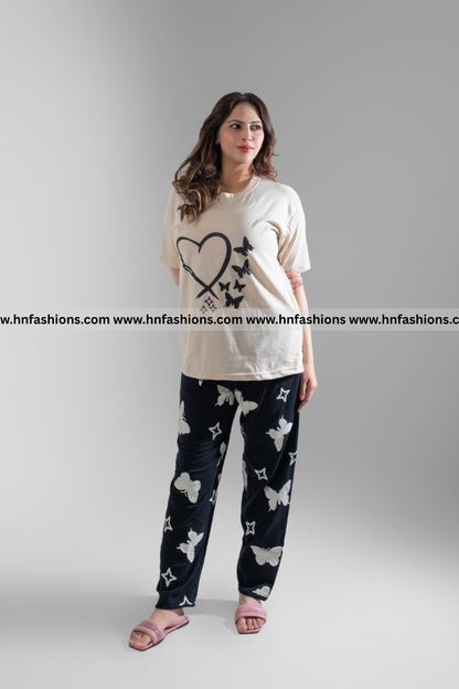 Heart & Butterfly Printed Night Suit