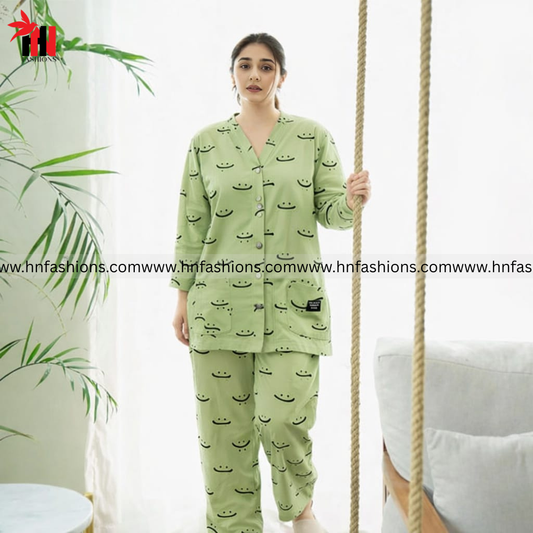 Green Autumn Smiley V-Neck Button Printed Night Suit