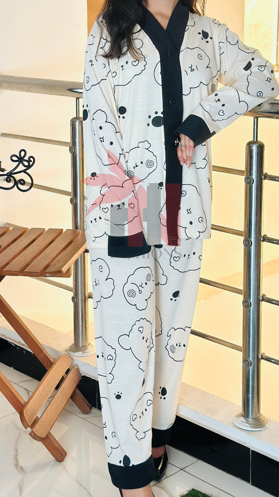 Cream With Black Bears V-Neck Button Printed Night Suit