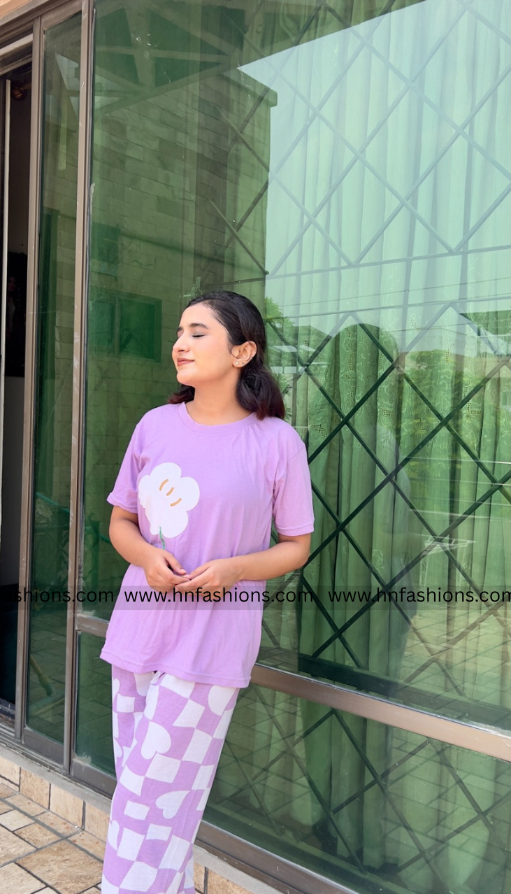 Purple Flower Printed Night Suit