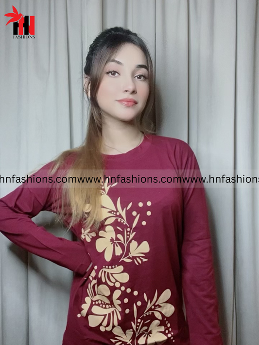Maroon Leaves Printed Night Suit
