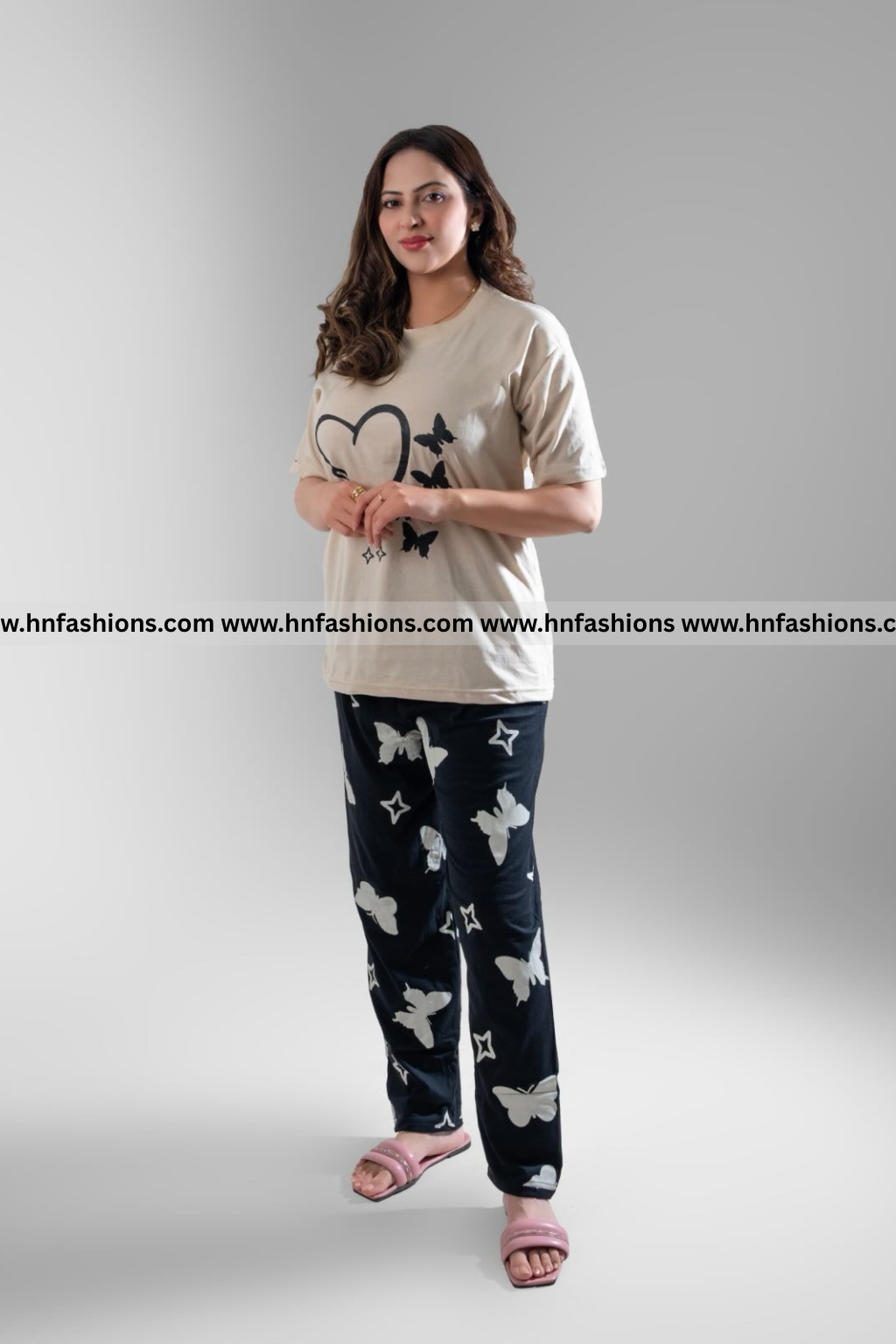 Heart & Butterfly Printed Night Suit