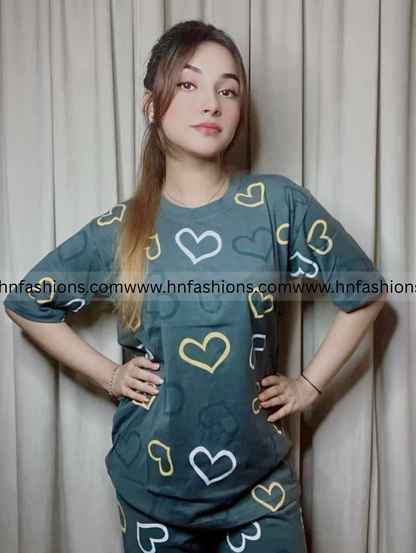 Grey Heart Printed Night Suit