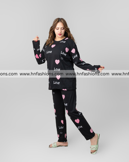 Black Love Heart Printed Night Suit