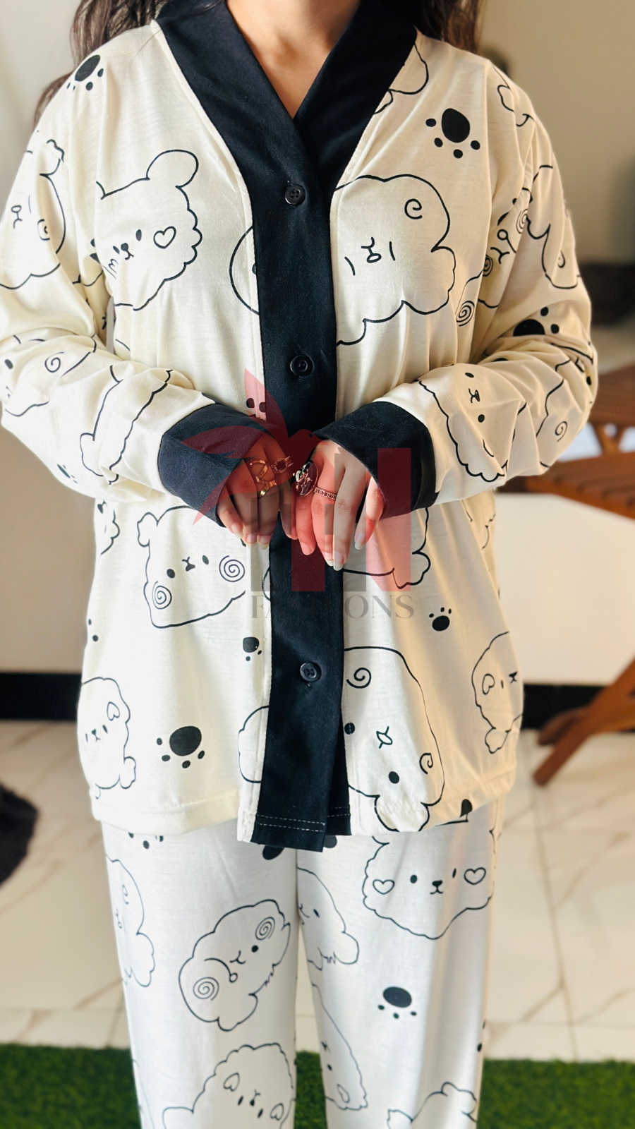 Cream With Black Bears V-Neck Button Printed Night Suit