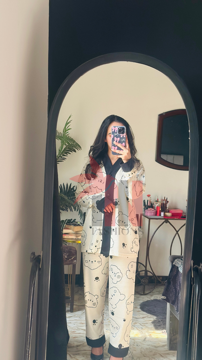 Cream With Black Bears V-Neck Button Printed Night Suit