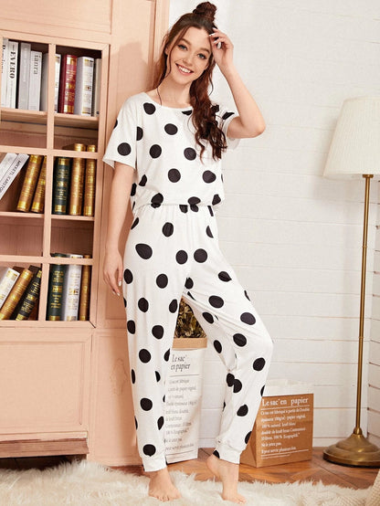 Black & White Doted Printed Night Suit Half Sleeves