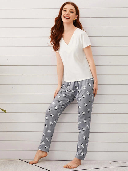 White V-Neck With Flower Printed Pajama Night Suit