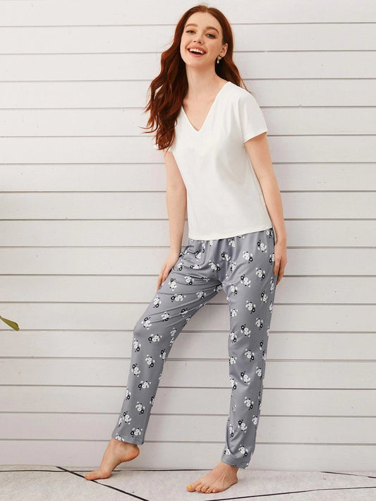 White V-Neck With Flower Printed Pajama Night Suit