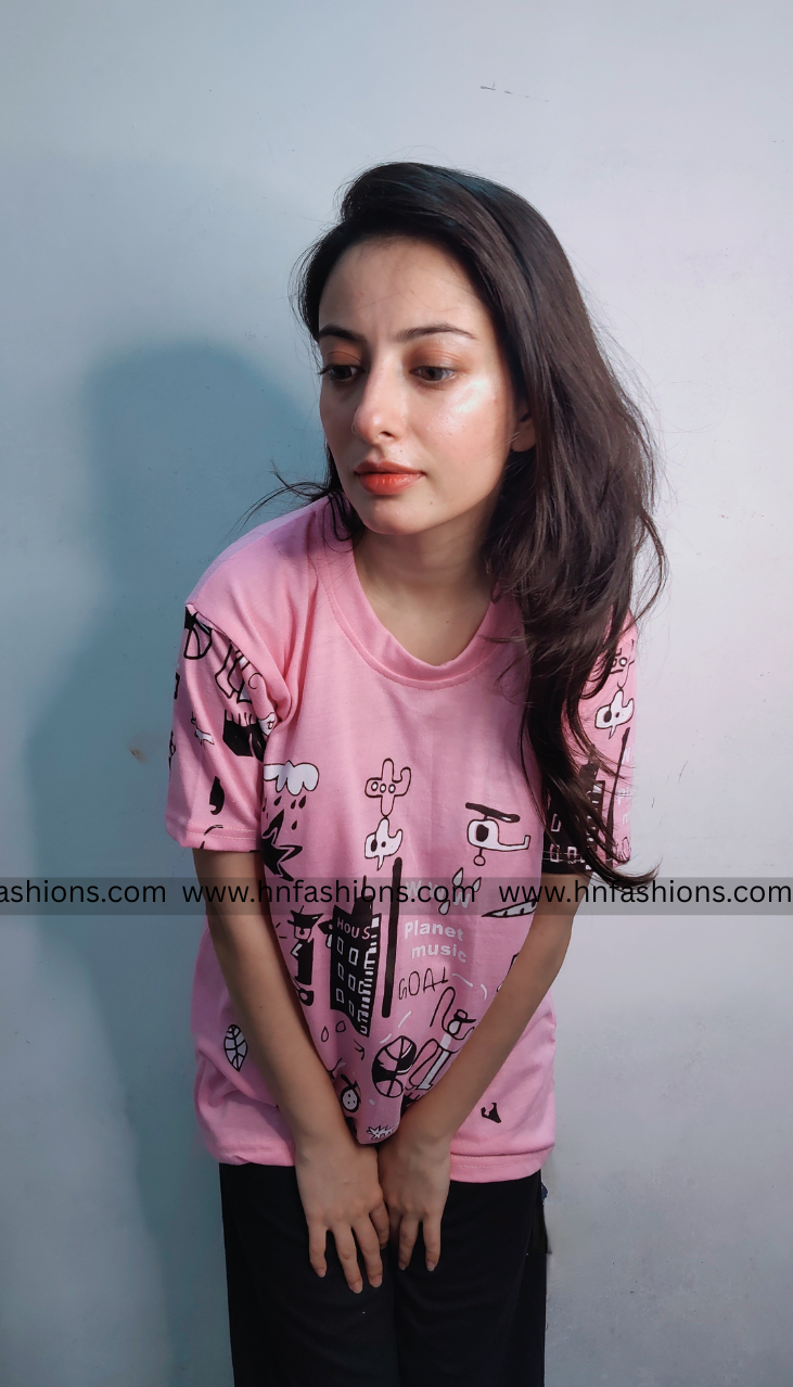 Pink Planet Music With Black Pajama Printed Night Suit