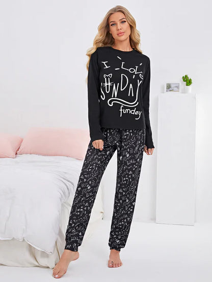 Black I Love Sunday Funday Printed Night Suit